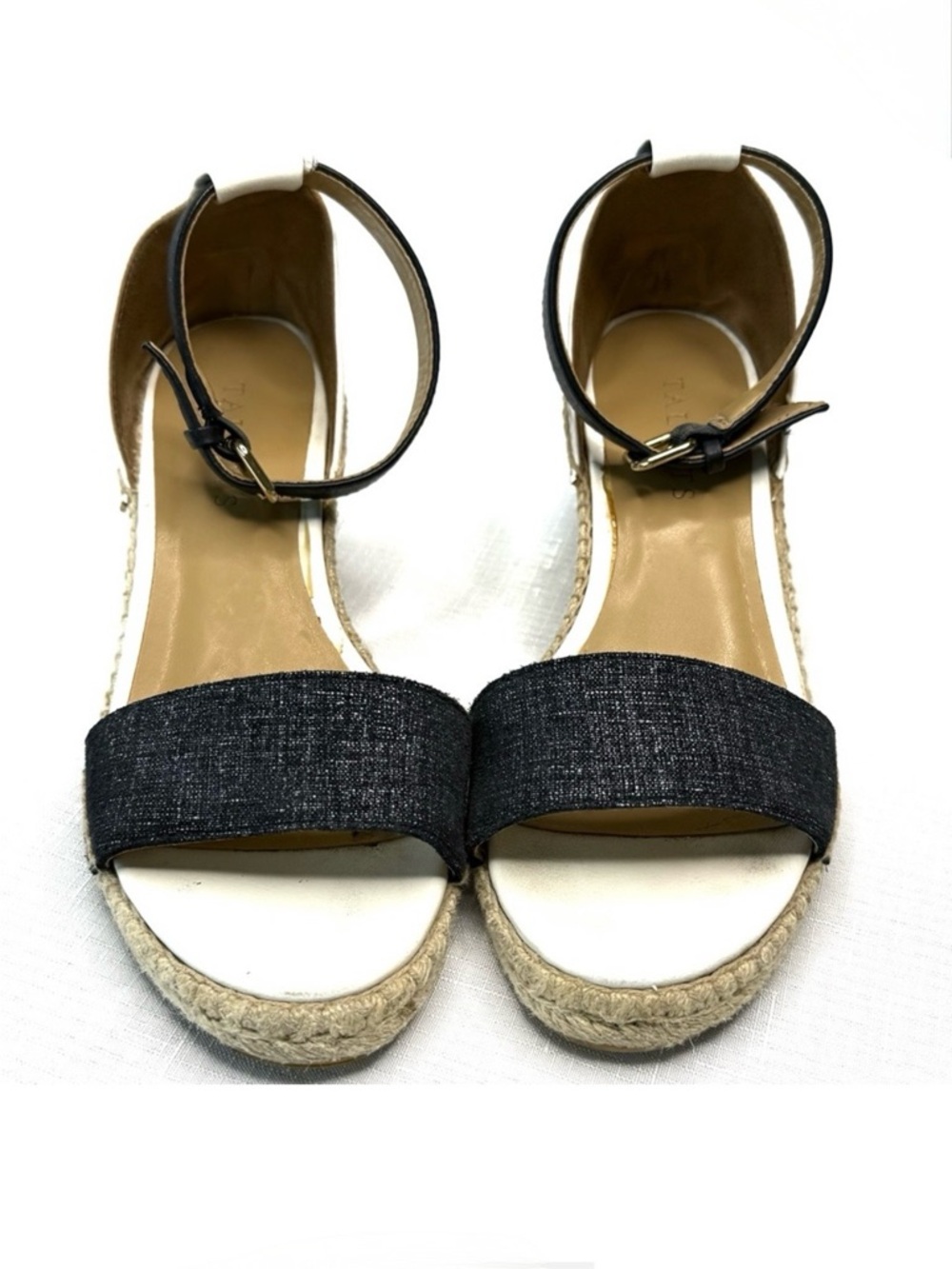 Talbots Navy White Espadrille Sandals with Ankle Strap Leather Canvas Size 6.5